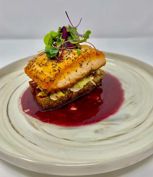 Seared salmon dish from Crest Bistro.